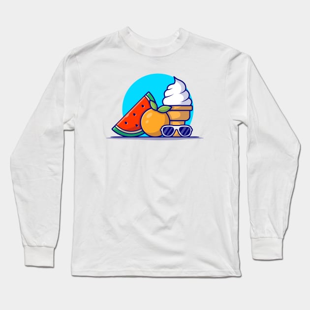 Watermelon, Orange, Ice Cream And Glasses Cartoon Vector Icon Illustration Long Sleeve T-Shirt by Catalyst Labs